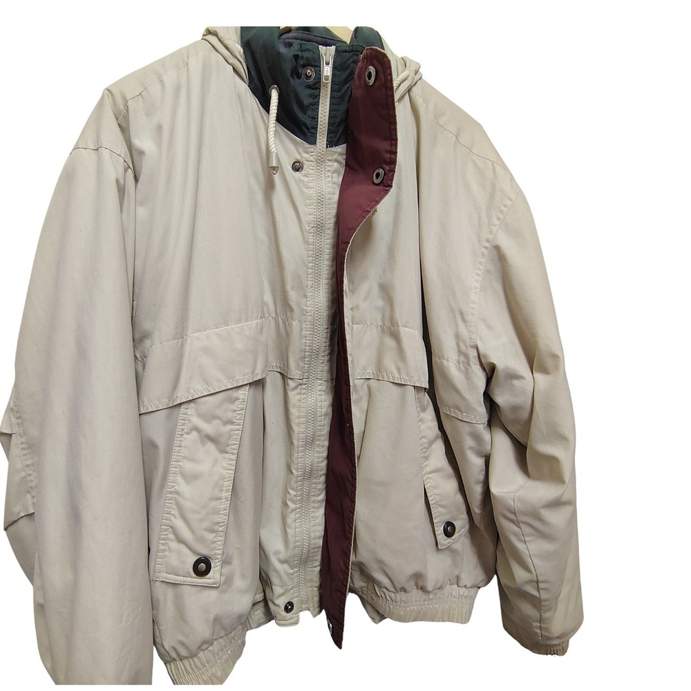 Vintage London Fog Mens Beige Bomber Jacket Large Removable Liner Concealed Hood - Picture 3 of 8
